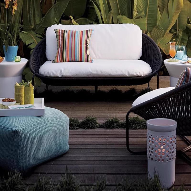 Ocio al aire libre sofá de caña patio jardín silla de trenzado de cuerda de doble persona interior y exterior balcón combinación de sillón de relajación
