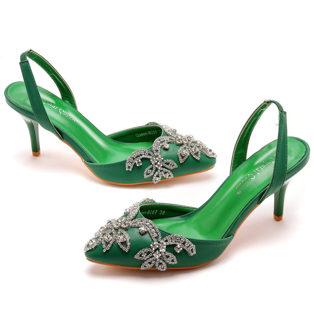 7厘米浅口尖头白色婚礼凉鞋细跟大小码水钻链条婚鞋新娘婚纱照鞋