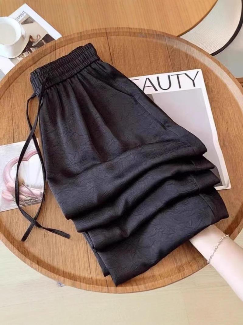 Pantalones anchos de satén de ácido acético chino de estilo fino de verano para mujer, pantalones casuales de cintura alta sueltos rectos 2025 explosivos