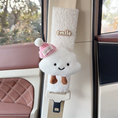 Seat belt shoulder pad — Car Interior Decoration Accessories - white-plush-shoulder-pads-white-cloud-pink-hat