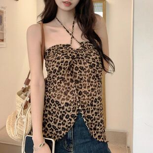 [Factory Direct Sales] Summer Leopard Print Waist Ruffled Backless Pure Desire Hot Girl Top Halter Neck Camisole