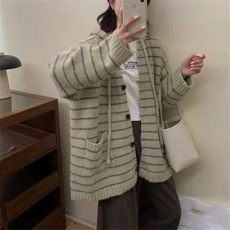 韩系宽松慵懒风条纹休闲毛衣外套女秋冬新款复古百搭连帽针织开衫|undefined