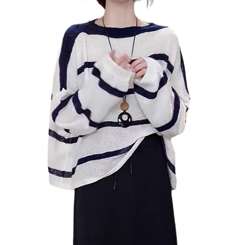 休闲松弛感撞色条纹圆领长袖针织衫女秋季新款洋气小个子宽松上衣|undefined