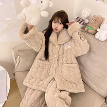 冬季兔毛夹棉睡衣套装女三层夹棉加厚可爱家居服套装