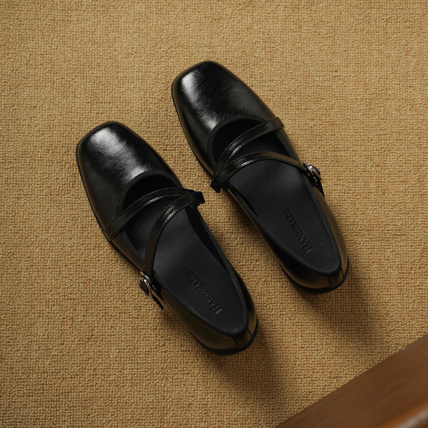Giày Mary Jane nữ da cừu miệng nông đế bệt phong cách học sinh quai ngang khóa Velcro — đen