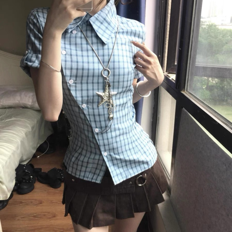 蓝色格子短袖衬衫女夏季2025新款撞色格纹衬衣设计感小众收腰上衣|undefined