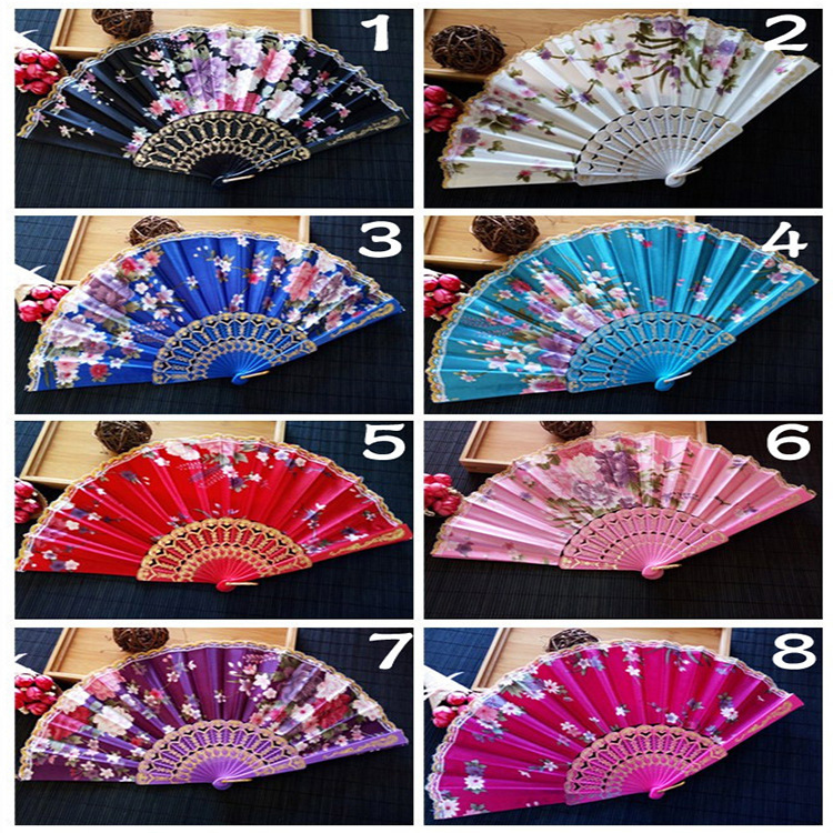 Hay en stock transfronterizo de plástico de hueso pequeño borde de encaje ventilador plegable ventilador de satén ventilador de la danza 8 colores opcionales