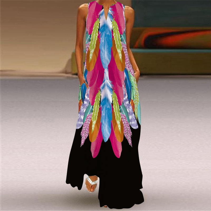 2024 mujeres de verano de moda sexy Impresión digital con cuello en V sin mangas vestido largo bolsillo europeo y americano vestido S-5XL