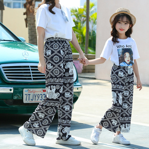 Summer Cool Drape Lightweight Flow Print Fashion Korean Style Mother and Daughter Matching Wide Leg Home Sweatpants