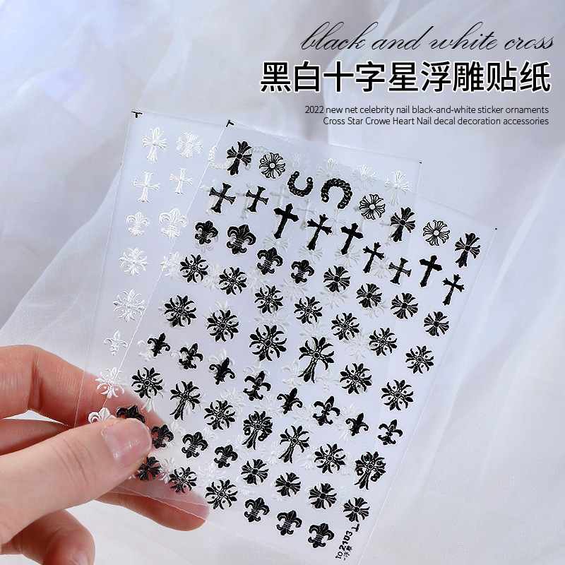 Avanzada uñas arte ganchillo corazón pegatinas dulce fresco retro punk oro y plata color tridimensional blanco y negro Cruz joyería de uñas