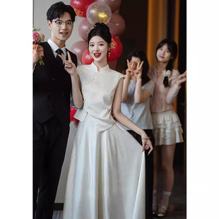 White Engagement Cheongsam Improved Dress Suit 2025 New Chinoiserie Certificate Registration Dress Spring Dressing Gown