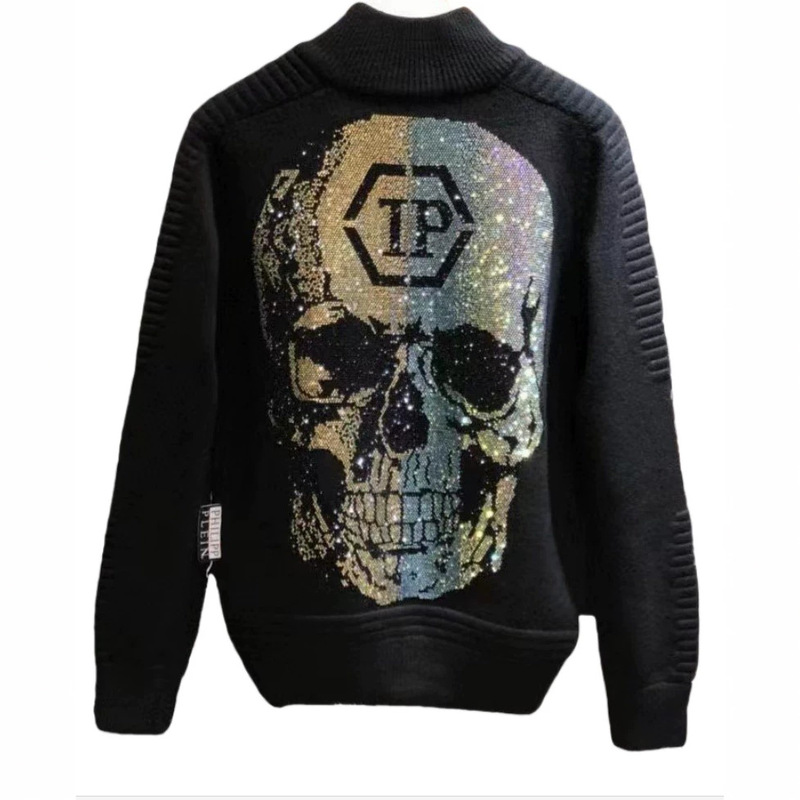 Philippe Plein trendy men's sweater with rhinestone skull design, stand-up collar, zipper, casual, thickened, warm PP knitwear for men Philippe Plein trendy men's sweater with rhinestone skull design, stand-up collar, zipper, casual, thickened, warm PP knitwear for men