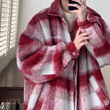 红色格子毛呢大衣外套男秋冬款加厚港风韩版潮牌痞男装帅翻领夹克