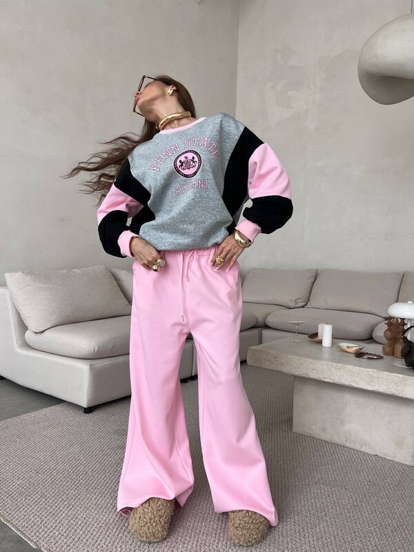美式辣妹冬季亮色系穿搭套装撞色印花设计感圆领卫衣宽松直筒长裤|undefined
