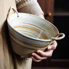 日式菜盤復古湯盤粗陶編繩雙耳盤創意深盤家用沙拉水果盤批發微瑕