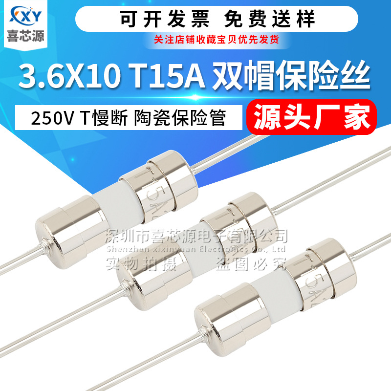 3.6x10mm双帽陶瓷保险丝管250V T15A 慢断带引线脚电源熔断保护器