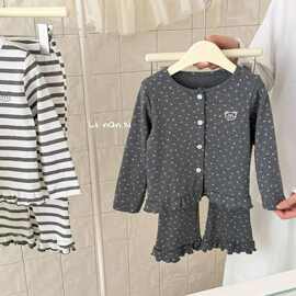 2026新款女童睡衣套装长袖条纹碎花春秋宝宝家居服荷叶边甜美风潮