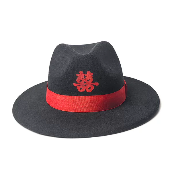 Hot-Selling Show Props Double Happiness Hat Deerskin Velvet Festive Celebration Decoration Party Felt Groom's Official Hat
