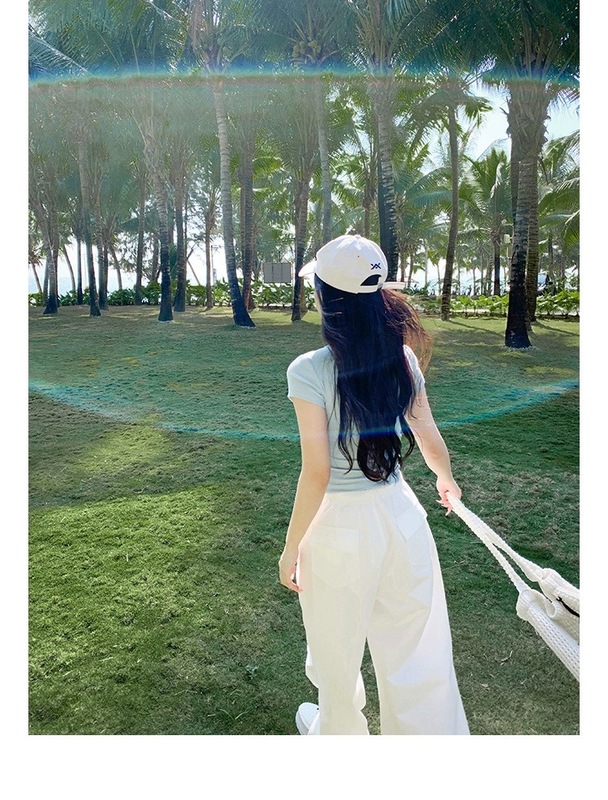 梅子熟了莱赛尔棉清爽白色系工装裤女美式复古伞兵裤直筒束脚卫裤|undefined