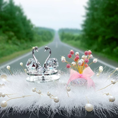 Car Interior Decoration Supplies Car Car ornaments - solar-powered-white-swan-pink-diamond-gypsophila-pearl-wool-pad