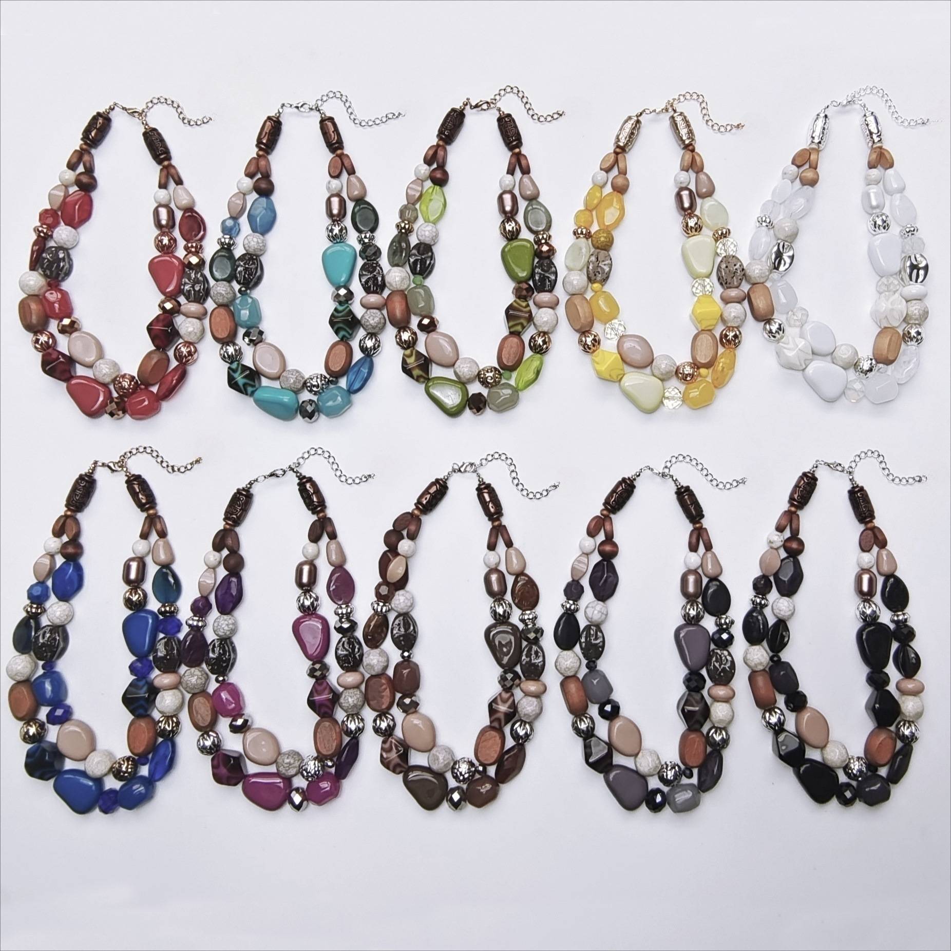 亚马逊热销爆款 欧美时尚个性百搭双层木珠异形彩珠项链耳环套装