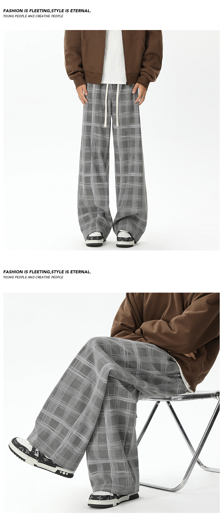 Men's Corduroy Plaid Casual Pants Loose-fit Straight Wide-leg_voghion.com