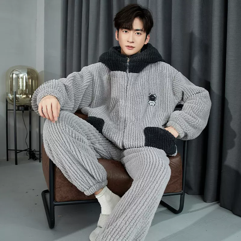 男士睡衣秋冬季珊瑚绒加厚加绒法兰绒青少年男生冬款天家居服套装