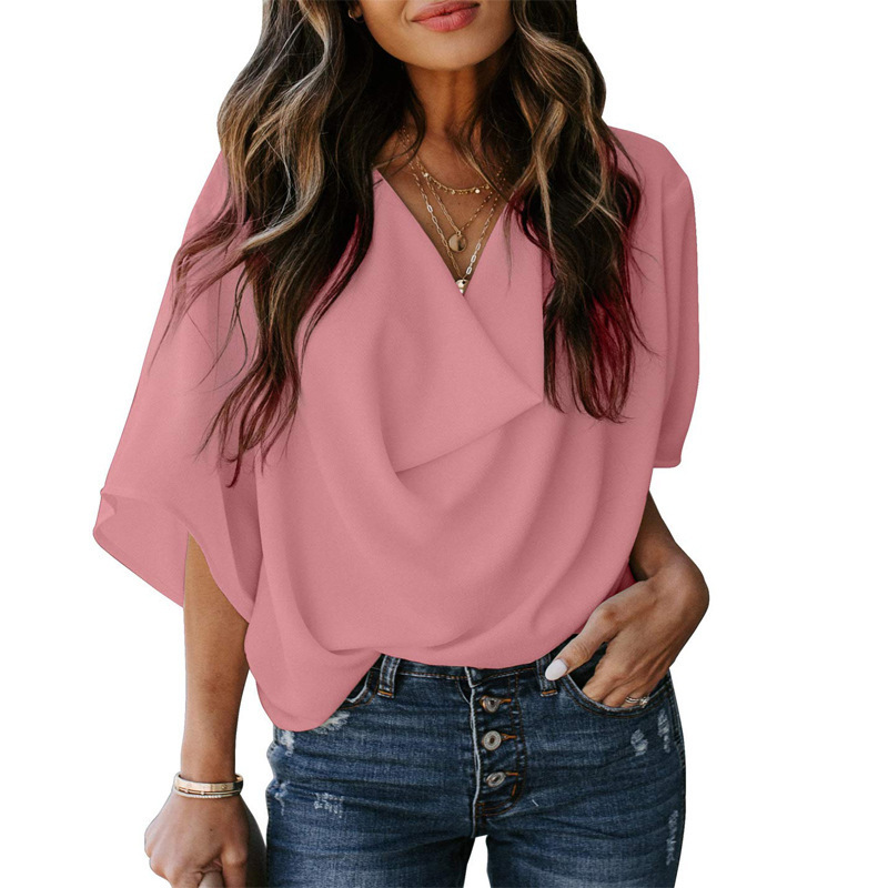 Camisa de Gasa Estilo Europeo y Americano para el Verano 2025, Camiseta Holgada con Cuello en V, Top Tipo Capa, Ropa de Mujer con Acabado Desgastado