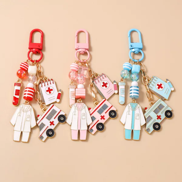 Cross-Border New Style Test Tube Nurse Uniform Keychain Key Ring Beaded Prescription Ambulance Keychain Bag Pendant