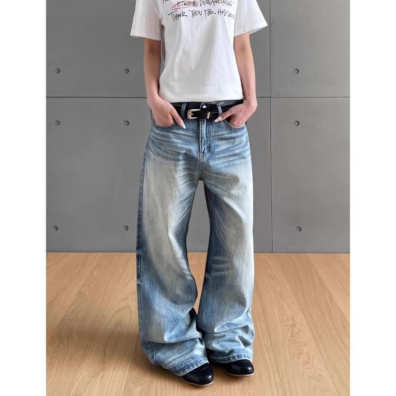 American Retro Washed Pleated Jeans for Men and Women, Trendy High Street Cleanfit High-End Loose Straight Pants