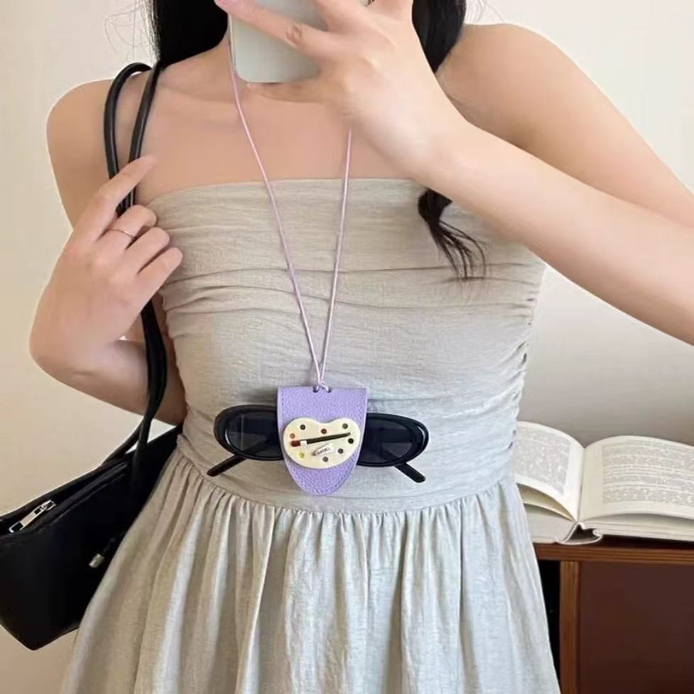 Cuero divertido lindo y divertido disco de pintura collar clip de gafas halter monedero largo bolso de almacenamiento portátil anti-pérdida