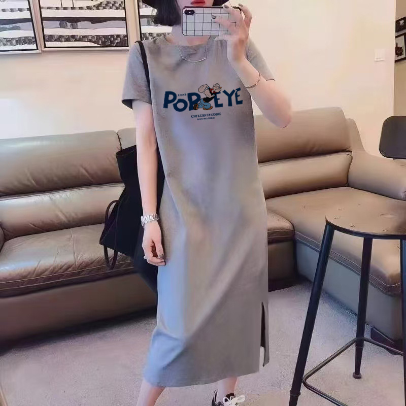 Pure Cotton T-Shirt Dress for Women in Summer, Large Size, Loose, Mid-Length, Short-Sleeved T-Shirt Top, Slimming Look and Knee-Length Dress