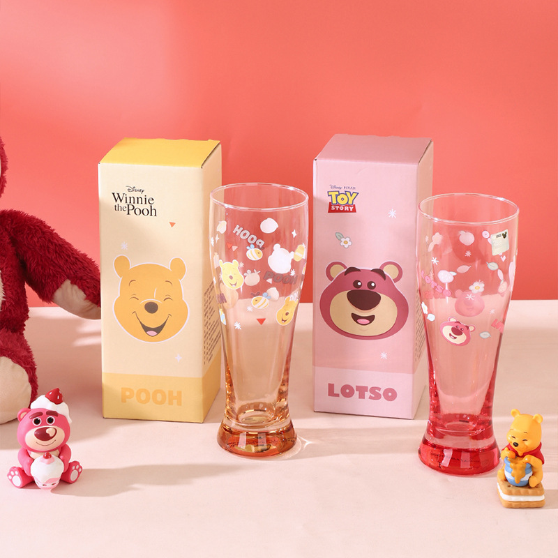 Vaso de vidrio rojo de Disney de fresas, taza de dibujos animados, taza de jugo de leche de pies altos, taza de bebidas frías de alto valor facial