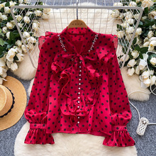 法式复古宫廷风重工钉珠蝴蝶结绑带荷叶边拼接长袖波点雪纺衫上衣