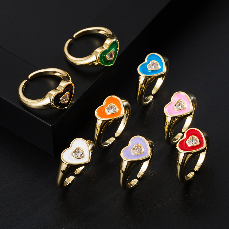 Fashion Copper Gold-plated Micro-inlaid Zircon Drop Oil Heart-shaped Ring Simple Open Ring Accessories display picture 2