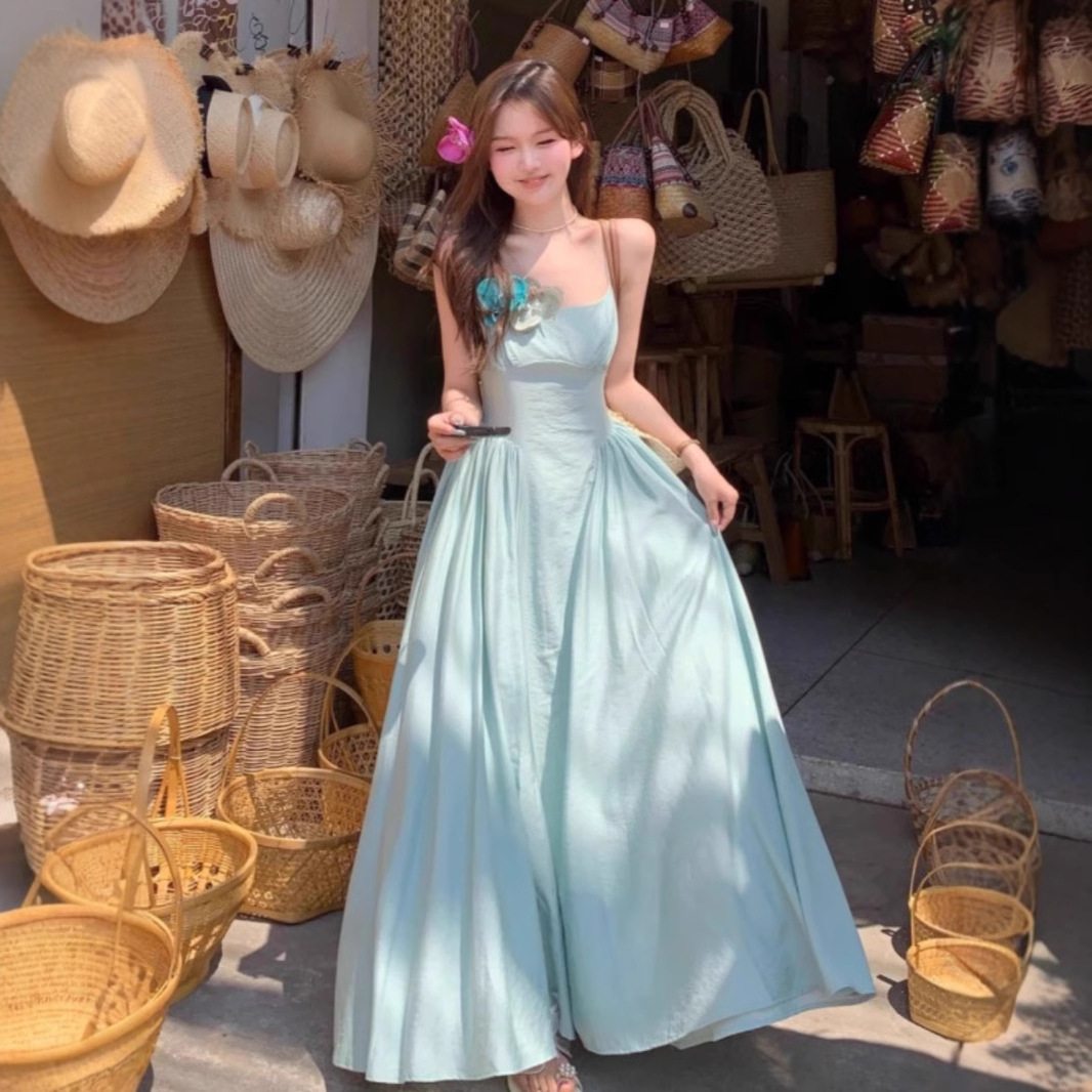 French Blue Sling dress Women's Summer High-end Super Good-looking Balamine Beautiful Seaside Holiday Beach Dress