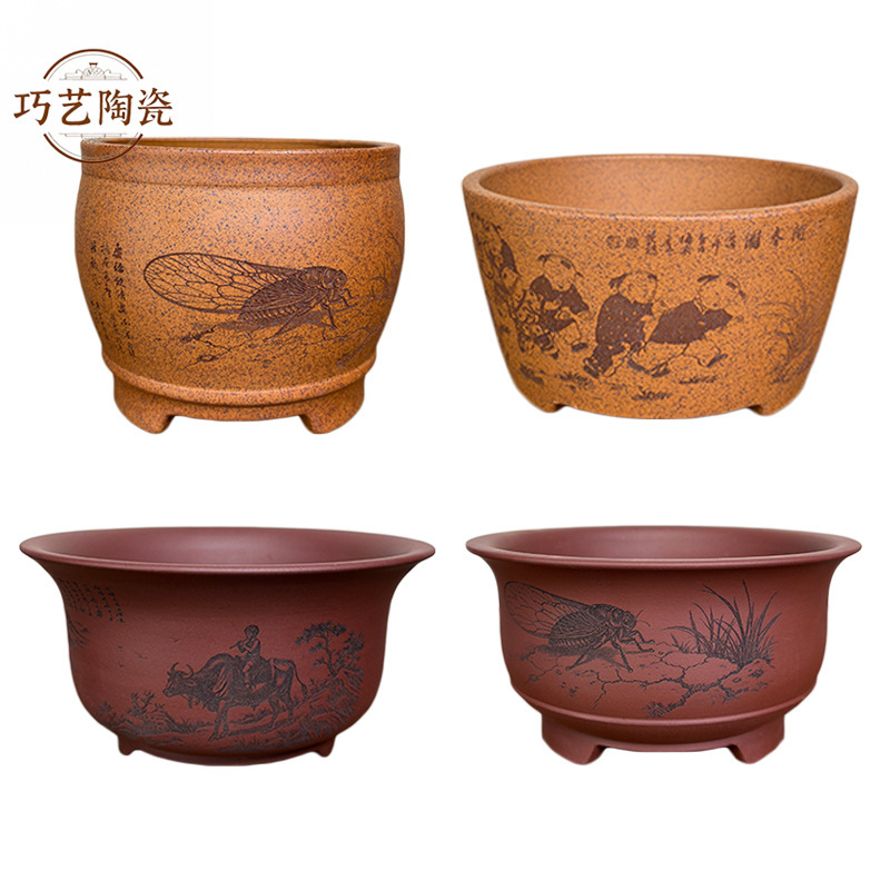 Yixing Fine Purple Sand Flower Pot, Coarse Pottery Purple Clay Round Bonsai Pot, Engraved Creative Retro Potted Plant Pot, New Style Yixing Fine Purple Sand Flower Pot, Coarse Pottery Purple Clay Round Bonsai Pot, Engraved Creative Retro Potted Plant Pot, New Style