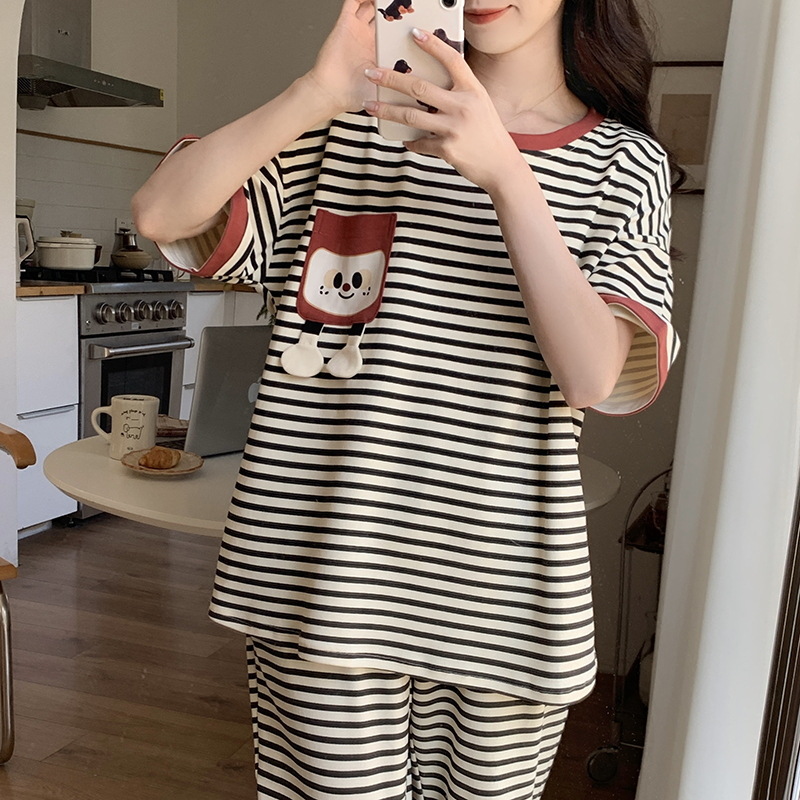 Pijamas de mujer de manga corta de algodón de imitación de verano al por mayor transfronterizo, trajes de pantalones lindos, ropa de hogar de celebridades de Internet con cuello redondo en vivo