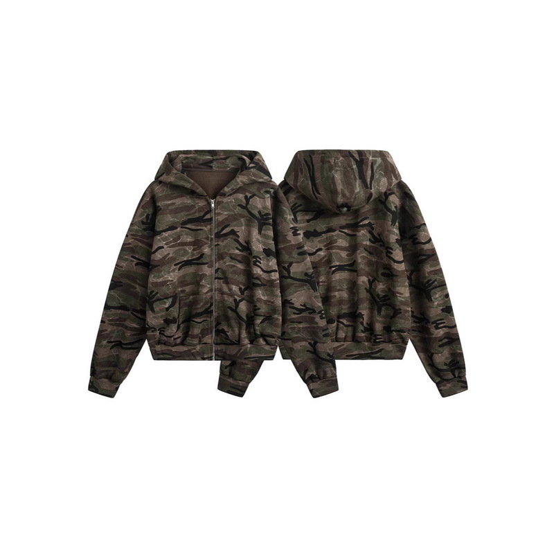 Autumn New American Retro Camouflage Hooded Sweatshirt Cardigan for Men and Women Loose Casual High Street Design Jacket