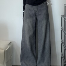 牛仔裤女秋冬设计感小众黑灰条纹阔腿加绒保暖高腰显瘦直筒拖地裤