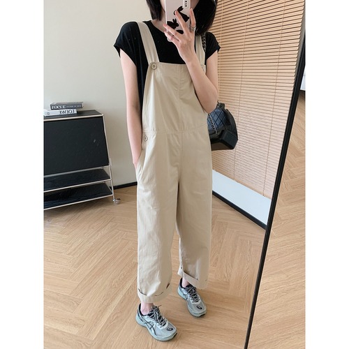 Work overalls for women, spring style, age-reducing, high-waisted, loose, adjustable shoulder straps, wide-leg jumpsuit for small people