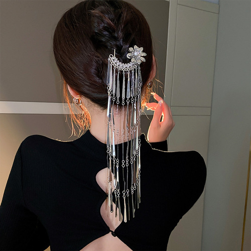 New Chinese style flower pearl tassel hairpin hairpin on the back of the head cold style metal hairpin for women