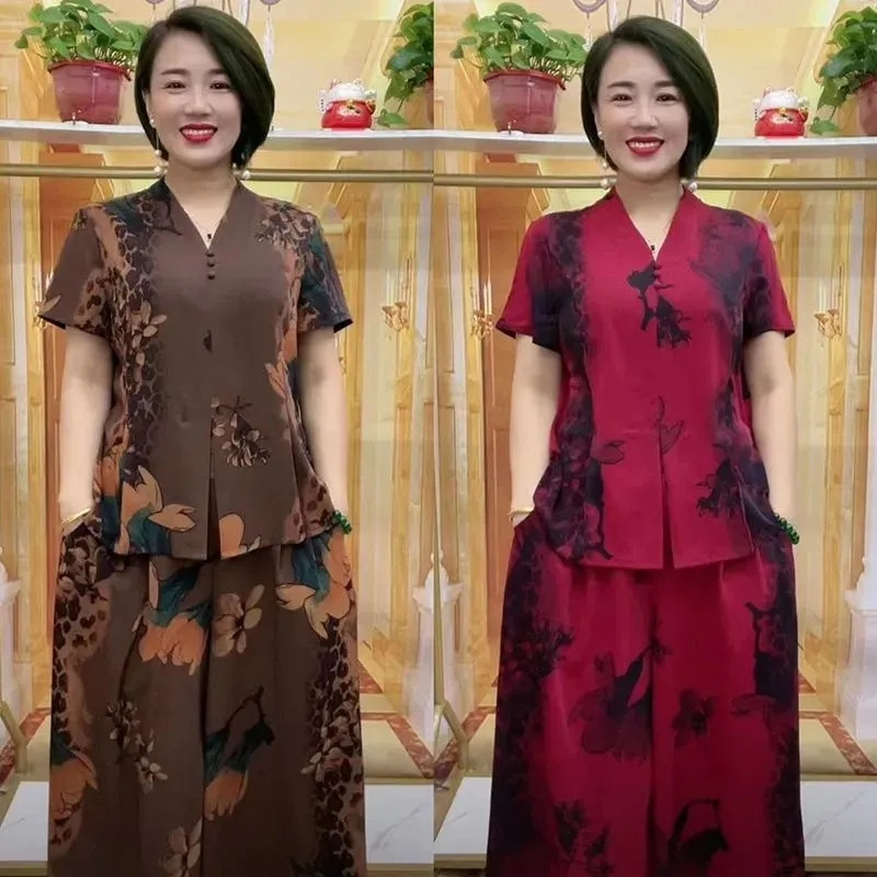 2025 Summer New Two-Piece Set for Middle-Aged Moms, Plus Size, Fashionable Casual Heavy Wide-Leg Pants Suit Trendy