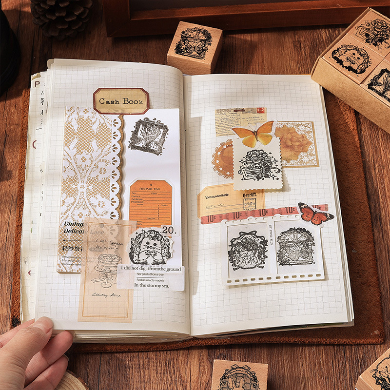 Molino de viento de Lingcheng madera caja de sello de cuentas transfronterizas sello de combinación de animales y plantas viento retro sello de silicona