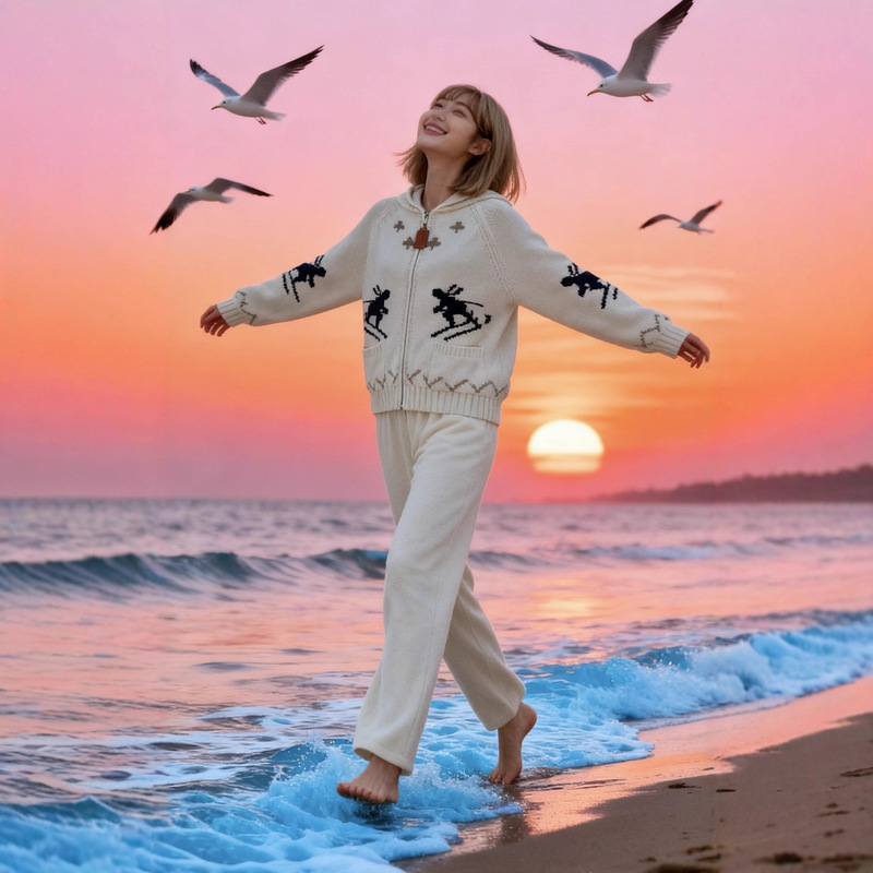 Autumn and Winter New Women's Ski Jacquard Zipper Sweater Cardigan Women's Korean Fashion Elegant Knitted Jacket Top