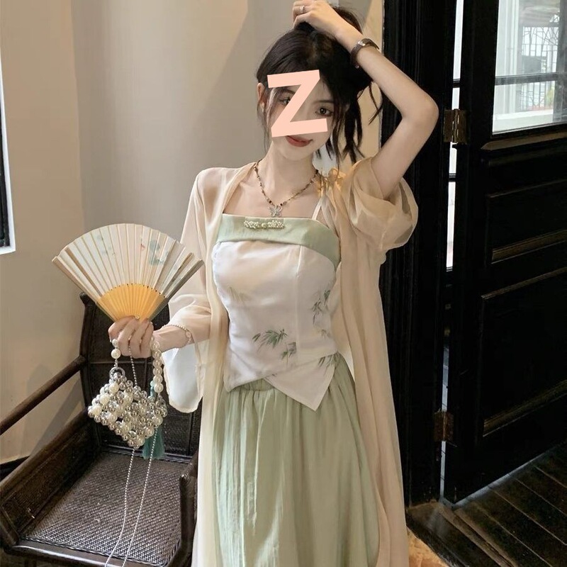 New Chinese-Style Women's Clothing, National Style Improved Han Dynasty, Small Green Suspender Dress, Three-Piece Set for Women in Summer