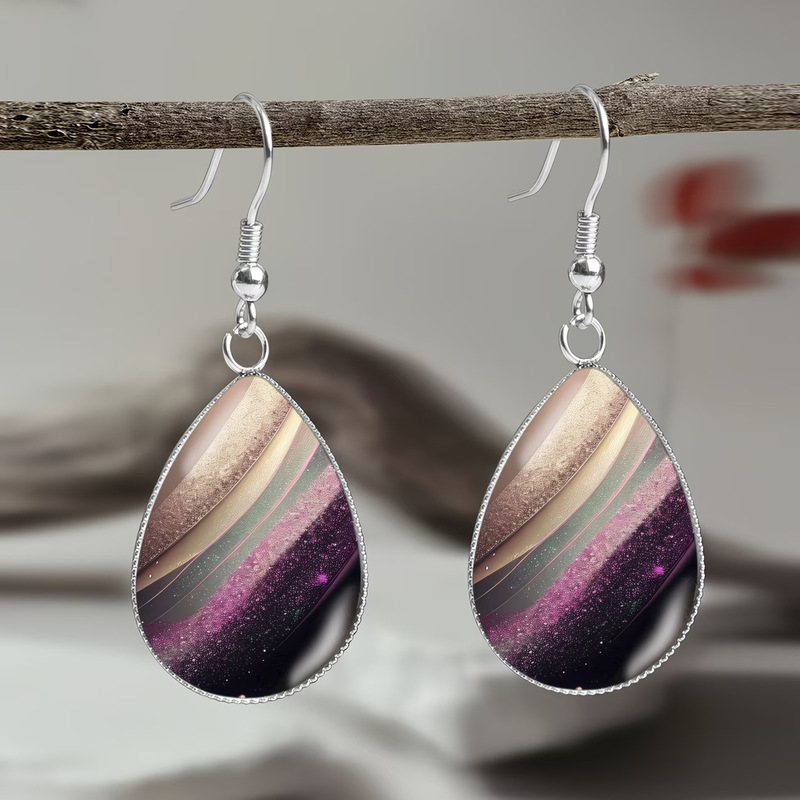 Gradient Purple Pink Gold Cloud Stripe Pattern Stainless Steel Earrings, Natural and Elegant Style Suitable for Men and Women