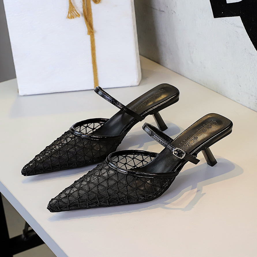 5131-2 French Style Mesh Lace Pointed Toe Stiletto Heel Mules For Women, Hollow Sexy One-Strap Slippers_vogvips.com