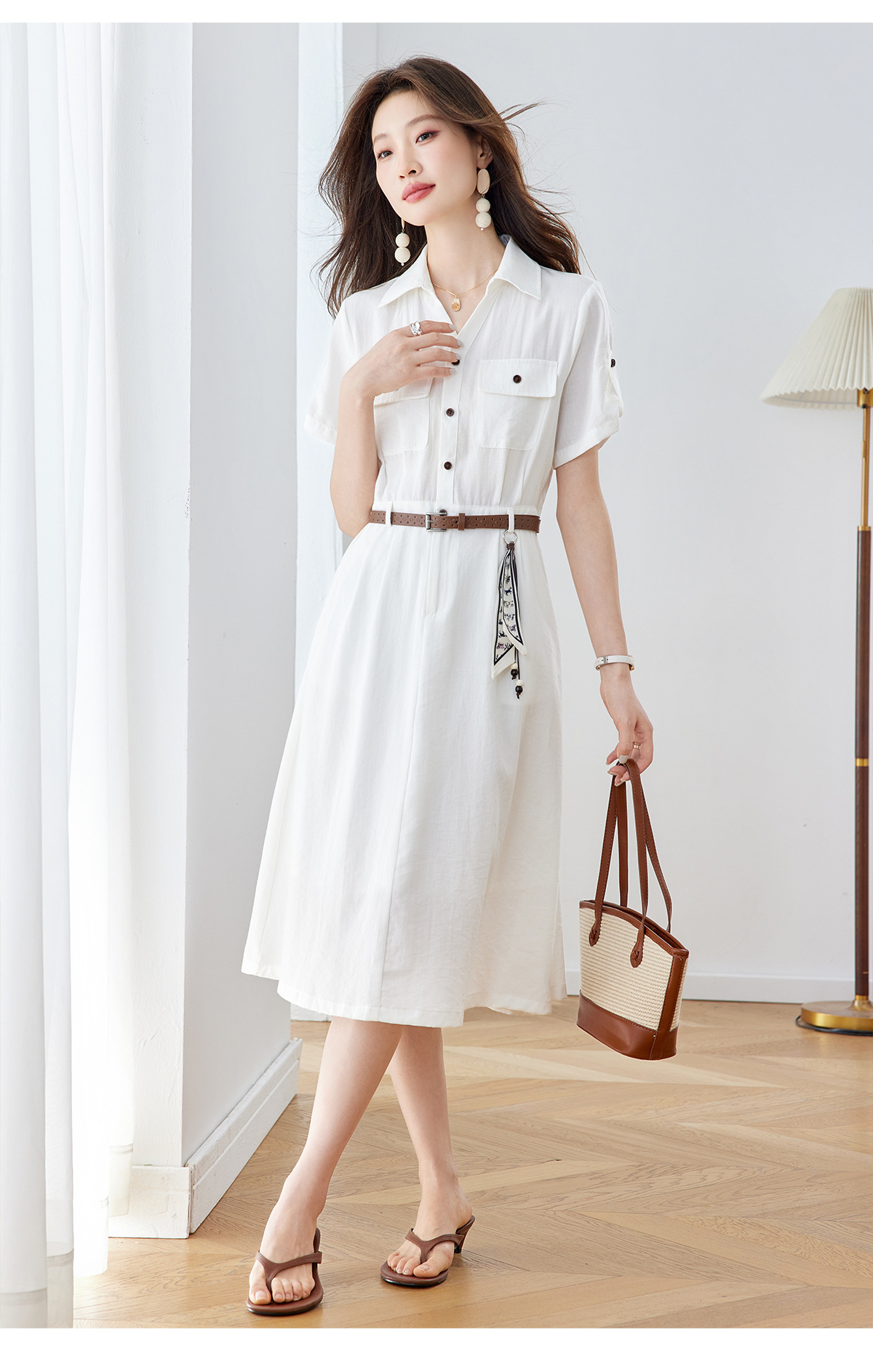 Đầm maxi nữ cổ bẻ thắt eo dáng suông kèm dây lưng — Xanh lông mòng đen, màu trắng chi tiết 23