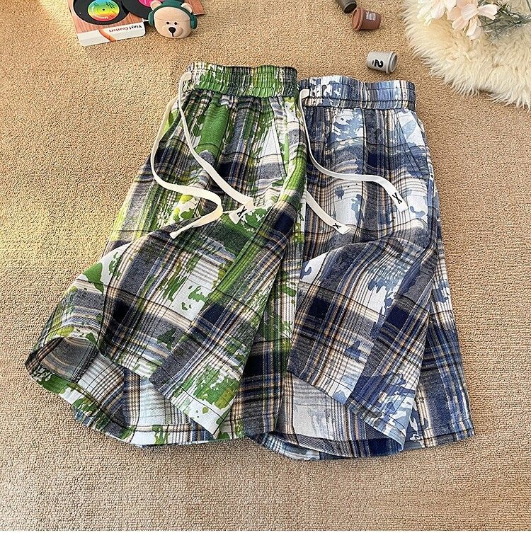 Men's And Women's Tie Dye Plaid High Waist Street Style Shorts Casual Retro Straight Five Point Beach Outerwear_viptrois.com